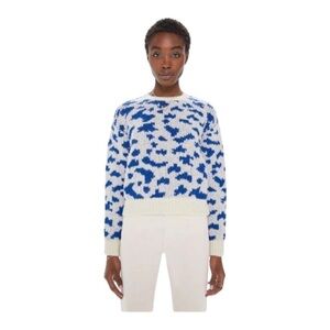 MOTHER Denim Alpaca Jumper Feline Friends Blue White Chunky Crop Sz L NEW